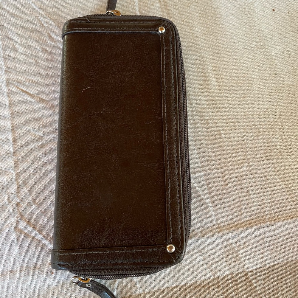 Brown leather wallet, dual zippers